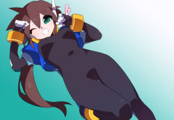 Rule 34 | 1girl, aile (mega man zx), black bodysuit, blue jacket, bodysuit, breasts, brown hair, cropped jacket, gradient background, green background, green eyes, jacket, kaidou zx, long hair, medium breasts, mega man (series), mega man zx, mega man zx advent, no pants, one eye closed, open clothes, open jacket, ponytail, robot ears, solo, white background