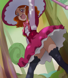 Rule 34 | 1girl, :d, arm up, black thighhighs, female focus, female pubic hair, hair bobbles, hair ornament, haruyama kazunori, hat, kei (mahou girls precure!), magic school uniform (mahou girls precure!), mahou girls precure!, no panties, open mouth, orange hair, partially visible vulva, pink eyes, precure, pubic hair, school uniform, short hair, smile, solo, thighhighs, witch hat, zettai ryouiki