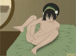1girl anaxus anus avatar:_the_last_airbender avatar_legends barefoot bed black_hair blind breasts completely_nude feet female_focus fingering grey_eyes hair_ornament hairband highres indoors legs_apart loli lying masturbation medium_hair navel nipples nude on_back on_bed open_mouth pussy self_fingering sitting small_breasts spread_legs toes toph_beifong uncensored