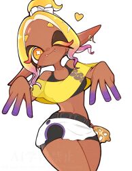 1girl 333surimi blonde_hair colored_eyelashes crop_top dark-skinned_female dark_skin fangs fish_hook_earrings frye_(splatoon) frye_(splatoon_raiders) gradient_hair highres inkling jewelry multicolored_hair nintendo one_eye_closed pointy_ears shawl short_eyebrows smile solo splatoon_(series) splatoon_raiders tentacle_hair yellow_eyes yellow_shawl