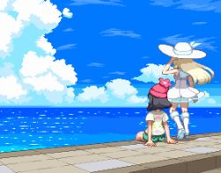 2girls animated animated_gif arm_at_side arm_support arm_up beanie black_hair blonde_hair blue_sky boots creatures_(company) day dress evening floating_hair from_behind game_freak green_shorts hand_in_own_hair hat horizon knee_boots lillie_(pokemon) long_hair multiple_girls nintendo ocean outdoors pier pixel_art pokemon pokemon_sm red_hat sailor_dress see-through_clothes selene_(pokemon) shirokuro_(oyaji) shirt short_hair short_sleeves shorts sitting sky standing star_(sky) starry_sky sun_hat sundress sunset water white_dress white_hat wind yellow_shirt