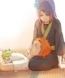 1boy 1girl closed_eyes couple hetero konan_(naruto) lying_on_lap makeup meitarou naruto_(series) naruto_shippuuden orange_hair short_hair stuffed_animal stuffed_frog stuffed_toy yahiko_(naruto)