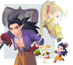 1boy 1girl :d aqua_eyes belt black_hair black_sleeves blonde_hair blue_eyes boots chibi club club_(weapon) commentary_request cowboy_shot cube dragon_quest dragon_quest_builders_2 dress earrings fang female_builder_(dqb2) floating_hair fringe_trim gloves grey_background hair_horns hair_pulled_back hair_ribbon hammer hand_on_own_chin hand_on_own_hip high-waist_pants highres holding holding_club holding_hammer holding_weapon hoop_earrings jewelry leaning_forward light_bulb looking_to_the_side looking_up low_ponytail muscular muscular_male neckerchief necklace open_clothes open_mouth open_shirt orange_pants pants pointy_ears ponytail profile purple_shirt rayrayray003 red_belt red_boots red_dress red_eyes red_gloves red_ribbon ribbon shirt sidoh_(dqb2) skin_fang skull_belt smile spiked_club spiked_hair tooth_necklace twintails two-tone_dress weapon white_background white_dress yellow_boots yellow_gloves yellow_neckerchief