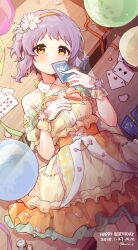 1girl absurdres balloon card dated detached_collar dot_nose dress eyelashes flower frilled_dress frilled_wrist_cuffs frills grey_hair hair_flower hair_ornament hairband happy_birthday highres holding holding_card idolmaster idolmaster_million_live! idolmaster_million_live!_theater_days lace lace-trimmed_dress lace_trim light_blush lying makabe_mizuki nnnn off-shoulder_dress off_shoulder on_back petals playing_card short_hair sidelocks solo twitter_username wavy_hair wing_collar wrist_cuffs yellow_dress yellow_eyes yellow_hairband