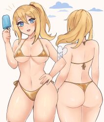 1girl :d artist_name ass bikini blonde_hair blue_eyes blush breasts commentary cropped_legs english_commentary from_behind gold_bikini golden_week grey_background highres large_breasts long_sleeves looking_at_viewer luci_(purrlucii) metroid mole mole_under_mouth multiple_views navel nintendo open_mouth ponytail samus_aran simple_background smile swimsuit thighs