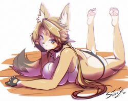 1girl animal_ear_fluff animal_ears bare_shoulders black_choker black_gloves black_panties blonde_hair body_fur breasts cat_ears cat_girl cat_tail choker closed_mouth fingerless_gloves furry furry_female gloves head_rest large_breasts long_hair looking_at_viewer lying on_stomach panties parted_bangs ponytail pulchra_fellini shirt smile solo steeltw tail underwear very_long_hair white_shirt yellow_fur zenless_zone_zero