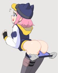 1girl animal_ear_headwear animal_ears ass baseball_cap bent_over black_gloves blue_eyes blue_hat blue_jacket butt_crack disembodied_hand fake_animal_ears fingerless_gloves formerly gloves goggles goggles_on_headwear grey_background hat highres hood hood_down hooded_jacket jacket long_hair long_sleeves open_mouth pink_hair pouch pulling_another&#039;s_clothes simple_background smile solo_focus steam_(platform) steam_delivery_girl thigh_pouch