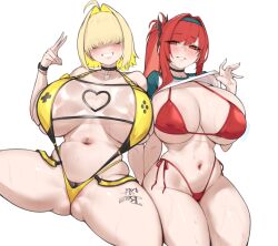 Rule 34 | 2girls, ahoge, ass, aster crowley, bikini, blonde hair, breasts, choker, cleavage, clothes lift, curvy, elegg (boom and shock) (nikke), elegg (nikke), goddess of victory: nikke, grin, hair intakes, hairband, highres, large breasts, lifting own clothes, long hair, looking at viewer, multiple girls, navel, navel piercing, piercing, ponytail, rapi (nikke), rapi (red hood) (red flavor) (nikke), red bikini, red eyes, red hair, shiny skin, shirt lift, short hair, sitting, smile, spread legs, swimsuit, thong, thong bikini, v, wet, white background, wide hips, yellow swimsuit