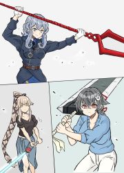 3girls bident black_hair black_necktie black_shirt blue_eyes blue_hair blue_jacket blue_sarong blue_shirt blue_sweater braid collared_shirt commentary_request cowboy_shot dilated_pupils energy_sword feet_out_of_frame gloves gotland_(kancolle) gotland_kai_(kancolle) hair_bun hair_flaps hair_ornament hair_ribbon hairclip highres huge_weapon jacket jingei_(kancolle) jingei_(spring)_(kancolle) kakincho kamen_rider kamen_rider_black_rx_(series) kantai_collection lance_of_longinus_(evangelion) long_hair low_ponytail mole mole_under_eye multiple_girls necktie neon_genesis_evangelion official_alternate_costume pants pink_hair polearm ponytail red_eyes revolcane ribbon rurouni_kenshin sarong shirt single_braid single_hair_bun sweater sword very_long_hair weapon white_gloves white_pants yellow_eyes yura_(kancolle) yura_(swimsuit)_(kancolle) zanbatou