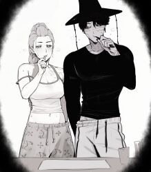 1boy 1girl :t absurdres arm_at_side bite_mark_on_stomach breasts brushing_teeth character_print collarbone crop_top earrings fingernails forehead gat_(hat) gatkkeun green_eyes greyscale half-closed_eyes hat highres holding holding_toothbrush jewelry jinu_(kpop_demon_hunters) kpop_demon_hunters large_breasts masoq monochrome nail_polish navel pants ring rumi_(kpop_demon_hunters) sleepy squeans stomach strap_slip stud_earrings sweat thomas_the_tank_engine thomas_the_tank_engine_(character) toothbrush