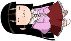 1girl :3 bad_source black_hair bow bowtie closed_eyes closed_mouth commentary_request houraisan_kaguya long_hair long_skirt long_sleeves lowres lying maso_(ascii_art) no_nose on_back pink_shirt red_skirt shirt simple_background skirt socks solo teruyof touhou u_u very_long_hair white_background white_bow white_bowtie white_socks wide_sleeves