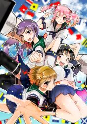 4girls absurdres akebono_(kancolle) akebono_kai_(kancolle) animal_ears badge bandaid bandaid_on_face black_hair black_thighhighs blue_sailor_collar blue_skirtt brown_hair character_name cowboy_shot crab dress foreshortening hair_bobbles hair_ornament hand_on_own_face highres joi_kun_(senzai_hiyori) kantai_collection multiple_girls naval_flag oboro_(kancolle) oboro_kai_(kancolle) pink_hair pleated_dress purple_hair rabbit reaching reaching_towards_viewer sailor_collar sazanami_(kancolle) sazanami_kai_(kancolle) school_uniform serafuku thighhighs twintails upper_body ushio_(kancolle) ushio_kai_ni_(kancolle) white_hair
