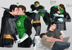2boys absurdres ass bara batman batman_(series) bed black_bodysuit black_cape black_gloves black_hair black_shirt blush bodysuit brown_hair brown_shirt bruce_wayne cape closed_eyes closed_mouth couple covered_abs dc_comics domino_mask english_text facial_hair gloves green_bodysuit green_lantern green_lantern_(series) grey_background grey_bodysuit hal_jordan haljordanmylove heart highres holding_hands hug hug_from_behind jewelry kiss large_pectorals looking_at_another lying male_focus mask multiple_boys muscular muscular_male on_bed on_side pectorals pillow ring shirt short_hair simple_background sleeping smile superhero_costume two-tone_bodysuit white_gloves yaoi