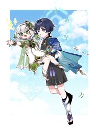 1boy 1girl absurdres anemo_symbol_(genshin_impact) anklet armlet belt black_belt black_bodysuit black_bridal_gauntlets black_hair black_leggings black_sandals black_shorts bloomers blue_cape blue_gemstone blue_halo blue_sky blue_sleeves blunt_ends blush bodysuit border bracelet bridal_gauntlets cape carrying cloud cloudy_sky colored_tips cross-shaped_pupils detached_sleeves dress eyelashes eyeliner eyeshadow flying furisode gem genshin_impact glowing_markings gold gold_ring gold_trim green_eyes green_hair green_pupils green_sleeves hair_between_eyes hair_intakes hair_ornament hakama hakama_shorts half-closed_eyes halo halo_behind_head hand_on_another&#039;s_back hand_on_another&#039;s_thigh highres japanese_clothes jewelry kimono layered_sleeves leaf leaf_hair_ornament leg_warmers leggings long_hair looking_to_the_side magic_circle makeup mandarin_collar middle_ring multicolored_hair nahida_(genshin_impact) oishii_sasa open_clothes open_hand open_kimono open_mouth outstretched_arm pleated_shorts pointy_ears princess_carry purple_eyes purple_rope purple_sash red_eyeliner red_eyeshadow rope sandals sash scaramouche_(genshin_impact) short_sleeves shorts shoulder_peek side_ponytail sidelocks sky sparkle stirrup_footwear symbol-shaped_pupils tareme tassel toes underwear vision_(genshin_impact) wanderer_(genshin_impact) watermark white_bloomers white_border white_dress white_hair white_kimono white_leg_warmers white_sleeves white_trim wispy_bangs zouri