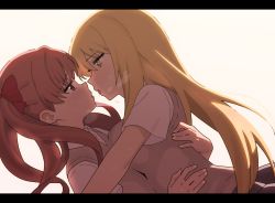 2girls after_kiss blonde_hair blush bow breasts brown_vest couple female_focus flat_chest french_kiss hair_bow highres hug kiss large_breasts letterboxed looking_at_another multiple_girls open_mouth profile red_bow red_hair saliva saliva_swap saliva_trail school_uniform shirai_kuroko shirt shokuhou_misaki short_sleeves simple_background sleepy_frippy toaru_kagaku_no_mental_out toaru_kagaku_no_railgun toaru_majutsu_no_index tokiwadai_school_uniform tongue tongue_out twintails vest white_background white_shirt yuri