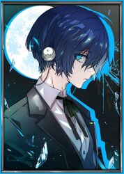 1boy black_jacket black_ribbon blue_border blue_eyes blue_hair border broken_glass closed_mouth collared_shirt colored_shadow dark_blue_hair full_moon gekkoukan_high_school_uniform glass glass_shard gradient_background hair_between_eyes headphones jacket lapels layered_clothes looking_to_the_side male_focus moon neck_ribbon paint_splatter persona persona_3 profile ribbon school_uniform shadow shirt sideways_glance silhouette solo suou_(sdurorhr) undershirt white_shirt wing_collar yuuki_makoto_(persona_3)