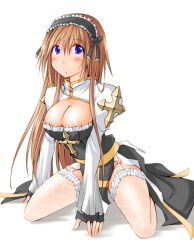 Rule 34 | 1girl, arch bishop (ragnarok online), areola slip, black bow, black dress, black hairband, blue eyes, blush, bow, breasts, brown hair, cleavage, cleavage cutout, clothing cutout, commentary request, cross, dress, fishnet thighhighs, fishnets, frilled hairband, frilled thighhighs, frills, full body, hair bow, hairband, juliet sleeves, kaminagi (kaminagi-tei), large breasts, leaning forward, long hair, long sleeves, looking at viewer, no panties, open mouth, puffy sleeves, ragnarok online, sash, simple background, sitting, solo, thighhighs, two-tone dress, very long hair, wariza, white background, white dress, white thighhighs, yellow sash