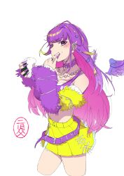 1girl absurdres belt blunt_bangs breasts choker cleavage commentary_request cowboy_shot detached_sleeves detached_wings earrings feathered_wings fingernails food food_on_face fur_sleeves grin gyaru hair_ornament heart heart_hair_ornament highres jewelry large_breasts long_hair looking_at_viewer midriff n1jichich1 nail_polish nanashi_inc. onigiri pink_hair pleated_skirt purple_belt purple_choker purple_eyes purple_hair purple_nails purple_sleeves purple_sports_bra purple_wings rice rice_on_face ring simple_background skirt smile solo sports_bra transparent_background uruwashi_ririri wings yellow_skirt