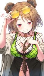 Rule 34 | 1girl, absurdres, blush, breasts, brown hair, brown necktie, coat, collarbone, commission, double bun, fishnet top, fishnets, girls&#039; frontline, hair bun, heart, highres, holding, holding necktie, holding removed eyewear, large breasts, long hair, medium hair, necklock, necktie, off shoulder, official alternate costume, open mouth, p90 (girls&#039; frontline), p90 (the girl from b.e.l) (girls&#039; frontline), red eyes, simple background, skeb commission, smile, solo, sunglasses, unworn eyewear, white background, white coat, white mouth, yamato (muchuu paradigm)