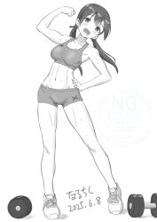 1girl biceps blush breasts gertrud_barkhorn hand_on_own_hip highres long_hair looking_at_viewer medium_breasts midriff monochrome muscular muscular_female naruchisukisuki navel open_mouth simple_background solo sports_bra standing strike_witches sweat tennis twintails weights white_background world_witches_series