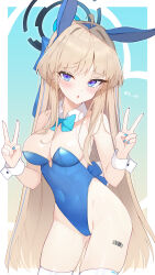 1girl absurdres ahoge animal_ears black_leotard blonde_hair blue_archive blue_bow blue_bowtie blue_eyes blue_hair blue_nails blush bow bowtie breasts cameltoe cleavage covered_navel cowboy_shot detached_collar double_v fake_animal_ears fingernails highres leotard long_hair looking_at_viewer medium_breasts multicolored_hair nail_polish official_alternate_costume parted_lips playboy_bunny pu_ht rabbit_ears revision solo strapless strapless_leotard streaked_hair thighhighs toki_(blue_archive) toki_(bunny)_(blue_archive) twitter_username v white_thighhighs wrist_cuffs