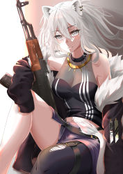 1girl absurdres ahoge ak-47 akm animal_ears assault_rifle bare_shoulders black_jacket black_pantyhose black_shirt breasts cleavage closed_mouth cropped_shirt ear_piercing eyelashes fur-trimmed_jacket fur_trim grey_eyes grey_skirt gun hair_between_eyes highres hololive jacket jewelry kalashnikov_rifle large_breasts light_smile lion_ears lion_girl lion_tail long_hair long_sleeves looking_at_viewer miniskirt necklace o-ring o-ring_thigh_strap off_shoulder pantyhose piercing rifle ritohasu_0522 see-through_clothes see-through_cleavage shirt shishiro_botan shishiro_botan_(1st_costume) sidelocks silver_hair single_leg_pantyhose sitting skin_tight skirt sleeveless sleeveless_shirt sleeves_past_fingers sleeves_past_wrists solo striped tail thigh_strap torn_clothes torn_pantyhose two_side_up unzipped vertical_stripes virtual_youtuber weapon zipper_skirt