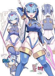 1girl absurdres android blue_eyes blue_helmet breasts crop_top ddg160 energy_spear energy_tank fairy_leviathan_(mega_man) forehead_jewel from_behind helmet highres holding holding_polearm holding_weapon mega_man_(series) mega_man_zero_(series) multiple_views polearm robot_girl thighhighs weapon