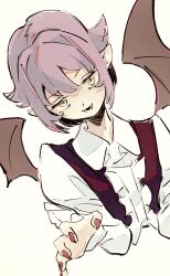 Rule 34 | 1girl, center frills, collared shirt, commentary request, cropped torso, demon wings, frills, hair flaps, half-closed eyes, head tilt, highres, idolmaster, idolmaster cinderella girls, imay3927, koshimizu sachiko, looking at viewer, open mouth, pointy ears, purple hair, red nails, red vest, shirt, short hair, sidelocks, simple background, smile, solo, upper body, vest, white background, white shirt, wings, yellow eyes