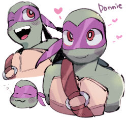1boy animification colored_skin commentary_request donatello_(tmnt) english_text furry furry_male green_scales green_skin heart male_focus mask moime one_eye_closed red_eyes simple_background smile teenage_mutant_ninja_turtles teenage_mutant_ninja_turtles_(2012) teeth tooth_gap turtle_boy upper_body upper_teeth_only white_background