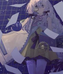 1girl absurdres arcaea bare_shoulders bow braid charon_(arcaea) collar cowboy_shot dress hair_between_eyes hair_ornament highres jacket lagrange_(arcaea) long_hair monocle pantyhose paper purple_bow purple_eyes purple_hair purple_pantyhose sidelocks single_braid solo twintails user_yvzk4853 white_jacket yellow_dress