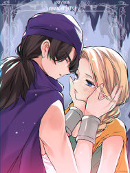 Rule 34 | 1boy, 1girl, anniversary, aqua dress, bianca (dq5), black hair, blonde hair, blue background, blue eyes, bracelet, braid, cape, closed eyes, commentary request, copyright name, couple, dragon quest, dragon quest v, dress, hands on another&#039;s cheeks, hands on another&#039;s face, hero (dq5), hetero, highres, husband and wife, jewelry, low ponytail, momoiito, orange cape, parted lips, ponytail, purple cape, purple turban, single braid, tunic, turban, upper body, white tunic