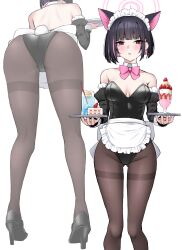 1girl alternate_costume animal_ears apron ass back bare_shoulders black_leotard black_pantyhose black_sleeves blue_archive blunt_ends blush bow bowtie breasts cake cake_slice cat_ears cat_girl colored_inner_animal_ears colored_inner_hair commentary_request cup detached_collar detached_sleeves drinking_glass drinking_straw feet_out_of_frame food frilled_apron frills fruit halo high_heels highres holding holding_tray juliet_sleeves kazusa_(blue_archive) leaning_forward leotard long_sleeves looking_at_viewer maid_apron maid_headdress medium_breasts multicolored_hair multiple_views nichijou_(nichijoutouhou) open_mouth pantyhose parfait pink_bow pink_bowtie pink_halo puffy_sleeves red_eyes short_hair simple_background strapless strapless_leotard strawberry strawberry_parfait tray waist_apron white_background white_headdress