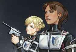 Rule 34 | 2girls, adelheid (moschiola), alternate hairstyle, bellemere, bellemere (cosplay), blonde hair, blue eyes, braid, braided bun, brown eyes, brown hair, commentary, cosplay, dark-skinned female, dark skin, earrings, english commentary, freckles, gun, hair bun, holding, holding gun, holding weapon, jewelry, krista lenz, multiple girls, one piece, ponytail, shingeki no kyojin, survey corps (emblem), three-dimensional maneuver gear, undercut, weapon, ymir (shingeki no kyojin)