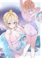 0202ase 2girls absurdres blonde_hair blue_hair blush braid braided_bun breasts brown_eyes cleavage closed_eyes cream cream_on_face flower food food_on_face from_above from_behind genshin_impact hair_between_eyes hair_bun hair_flower hair_ornament heart highres looking_at_another looking_at_viewer lumine_(genshin_impact) multiple_girls naked_towel open_mouth paimon_(genshin_impact) ponytail rubber_duck short_hair sidelocks smile towel wet white_flower