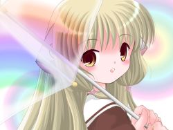 00s 1girl :d artist_request blonde_hair chii chobits female_focus hair_tubes looking_at_viewer looking_back open_mouth portrait rainbow robot_ears school_uniform see-through_clothes serafuku smile solo transparent transparent_umbrella umbrella yellow_eyes