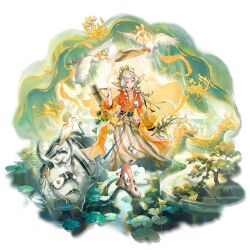 1girl animal animal_ears arknights bird blonde_hair bonsai bottle braid brown_skirt bull chinese_clothes closed_mouth dragon dragon_boat_festival duijin_ruqun eastern_dragon food full_body game_cg grain_buds_(arknights) grain_buds_(fragrant_pace)_(arknights) grey_hair grey_shoes hagoromo hanfu highres jiaoling_ruqun layered_sleeves lily_pad long_hair long_skirt long_sleeves non-web_source official_art orange_shawl orange_shirt plant pom_pom_(clothes) shawl shirt shoes short_over_long_sleeves short_sleeves skirt smile solo standing stork transparent_background tree twin_braids white_bird yellow_eyes zongzi
