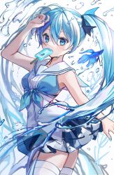 Rule 34 | 1girl, arm up, bare arms, bare shoulders, blue eyes, blue hair, blue skirt, blush, cowboy shot, double-parted bangs, fish, food, food in mouth, hair between eyes, hatsune miku, highres, liquid hair, long hair, looking at viewer, miniskirt, noneon319, pleated skirt, popsicle, popsicle in mouth, sailor collar, shirt, simple background, skirt, sleeveless, sleeveless shirt, solo, thighhighs, twintails, vocaloid, white background, white sailor collar, white shirt, white thighhighs, zettai ryouiki