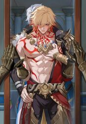 2boys abs antenna_hair arm_tattoo armlet armor armored_boots black_coat black_pants blonde_hair blush boots braid chest_tattoo clawed_gauntlets coat commentary earrings facial_tattoo gold_earrings gold_necklace gradient_hair hair_between_eyes highres honkai:_star_rail honkai_(series) jean_warrior00 jewelry large_pectorals looking_at_mirror male_focus medium_hair mirror multicolored_hair multiple_boys muscular muscular_male mydei_(honkai:_star_rail) necklace one_eye_closed open_clothes open_coat open_mouth pants pauldrons pectoral_grab pectorals phainon_(honkai:_star_rail) red_hair red_tattoo short_hair shoulder_armor side_braid single_pauldron tattoo white_hair yaoi yellow_eyes