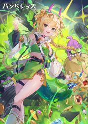 Rule 34 | 1girl, bare shoulders, black choker, blonde hair, braid, choker, crop top, crop top overhang, detached sleeves, double bun, gem, green eyes, green shirt, green skirt, hair bun, horns, hundredth: match 3, long hair, long sleeves, looking at viewer, midriff, miniskirt, official art, open mouth, pelvic curtain, shirt, skirt, sleeveless, sleeveless shirt, smile, solo, tail, thigh strap, thighs, twin braids, twintails, yizhibao
