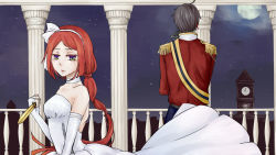 alternate_costume alternate_hairstyle balcony bare_shoulders cendrillon_(vocaloid) choker clock clock_tower couple crying dagger dress elbow_gloves fingerless_gloves gloves headband holding holding_dagger holding_knife holding_mask holding_weapon knife lian4302 long_hair looking_away low-cut mask moon multicolored_hair namine_ritsu night night_sky parody red_hair rook_(utau) short_hair sky star_(sky) tower trap twitter two-tone_hair uniform utau vippaloid vocaloid weapon white_choker white_dress white_gloves white_headband white_headwear yaoi