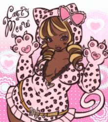 animal_hands animal_hood animal_print belt blonde_hair blush bow breasts cat_girl cat_hood cat_tail claws dark-skinned_female dark_skin eyelashes gyaru highres hood hood_bow large_breasts leopard_print leopard_print_clothes lilitafaery lips long_hair original pawpads plump tail very_dark_skin