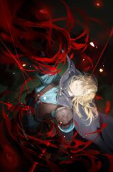 1boy aqua_eyes aqua_tunic armor black_cloak black_shirt blonde_hair cloak hair_between_eyes highres jingsang_w leather_armor link long_sleeves low_ponytail male_focus medium_hair nintendo parted_lips pointy_ears ponytail shirt shoulder_armor solo the_legend_of_zelda the_legend_of_zelda:_breath_of_the_wild tunic