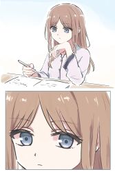 1girl bang_dream! bang_dream!_it&#039;s_mygo!!!!! blue_eyes brown_hair closed_mouth commentary highres holding holding_pen long_hair lyy nagasaki_soyo pajamas pen pink_shirt shirt sidelocks symbol-only_commentary very_long_hair