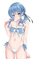 1girl alternate_costume bandeau bikini black_ribbon blue_eyes blue_hair blush breasts candy closed_mouth commentary cowboy_shot embarrassed english_commentary food furrowed_brow hair_ribbon hand_up highleg highleg_bikini highres holding holding_candy holding_food holding_lollipop hololive hoshimachi_suisei kotoritoriri lollipop looking_at_viewer low_twintails medium_breasts navel ribbon shiny_skin solo standing star_(symbol) star_in_eye stomach swimsuit symbol_in_eye twintails virtual_youtuber white_bikini