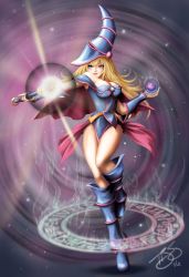 1girl bare_shoulders blonde_hair blue_boots blue_eyes boots breasts cape casting_spell choker cleavage dark_magician_girl duel_monster female_focus full_body hat highres jewelry kyokopro large_breasts long_hair moving off_shoulder pentacle pointing pointing_finger skirt solo staff wizard_hat yu-gi-oh!