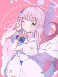 1girl angel_wings blue_archive blue_bow blunt_bangs bow buttons capelet commentary double-breasted dress feathered_wings feet_out_of_frame frilled_dress frills hair_bun halo high-waist_skirt highres light_blush lips long_hair looking_at_viewer low_wings medium_dress mika_(blue_archive) one_eye_closed overskirt pink_background pink_hair pink_halo pink_lips pink_nails rindou_ringdong scrunchie side_up_bun single_side_bun skirt solo trinity_general_school_logo underbust v very_long_hair w white_capelet white_skirt white_wings wings wrist_scrunchie yellow_eyes