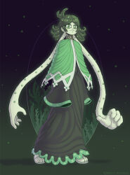 1girl black_dress blush_stickers capelet colored_skin commentary commission curly_hair dress extra_arms flip-flops full_body green_background green_capelet green_eyes green_hair green_skin green_theme long_dress original rocktopus64 sandals sleeves_past_fingers sleeves_past_wrists solo wavy_mouth