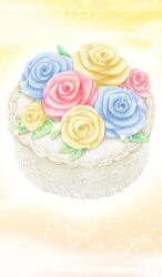 blue_flower blue_rose cake chocolate chocolate_cake commentary fate/grand_order fate_(series) flower food food_focus lasengle no_humans official_art pink_flower pink_rose rose third-party_source white_chocolate yellow_background yellow_flower yellow_rose yellow_theme