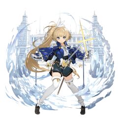 1girl blonde_hair blue_capelet breasts capelet castle closed_mouth corset fog frilled_capelet frills full_body girls_creation glowing holding holding_sword holding_weapon large_breasts long_hair long_sleeves looking_at_viewer manet_(girls_creation) nauribon pigeon-toed purple_eyes ribbon side_ponytail simple_background solo standing sword tachi-e thighhighs thighs transparent_background very_long_hair weapon zettai_ryouiki
