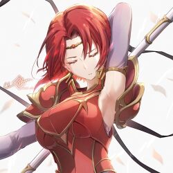 1girl arm_behind_back armor armpits breastplate breasts circlet clear_glass_(mildmild1311) closed_eyes elbow_gloves fire_emblem fire_emblem:_the_binding_blade gloves highres holding holding_polearm holding_weapon large_breasts melady_(fire_emblem) nintendo pauldrons polearm red_armor red_hair short_hair shoulder_armor solo upper_body weapon